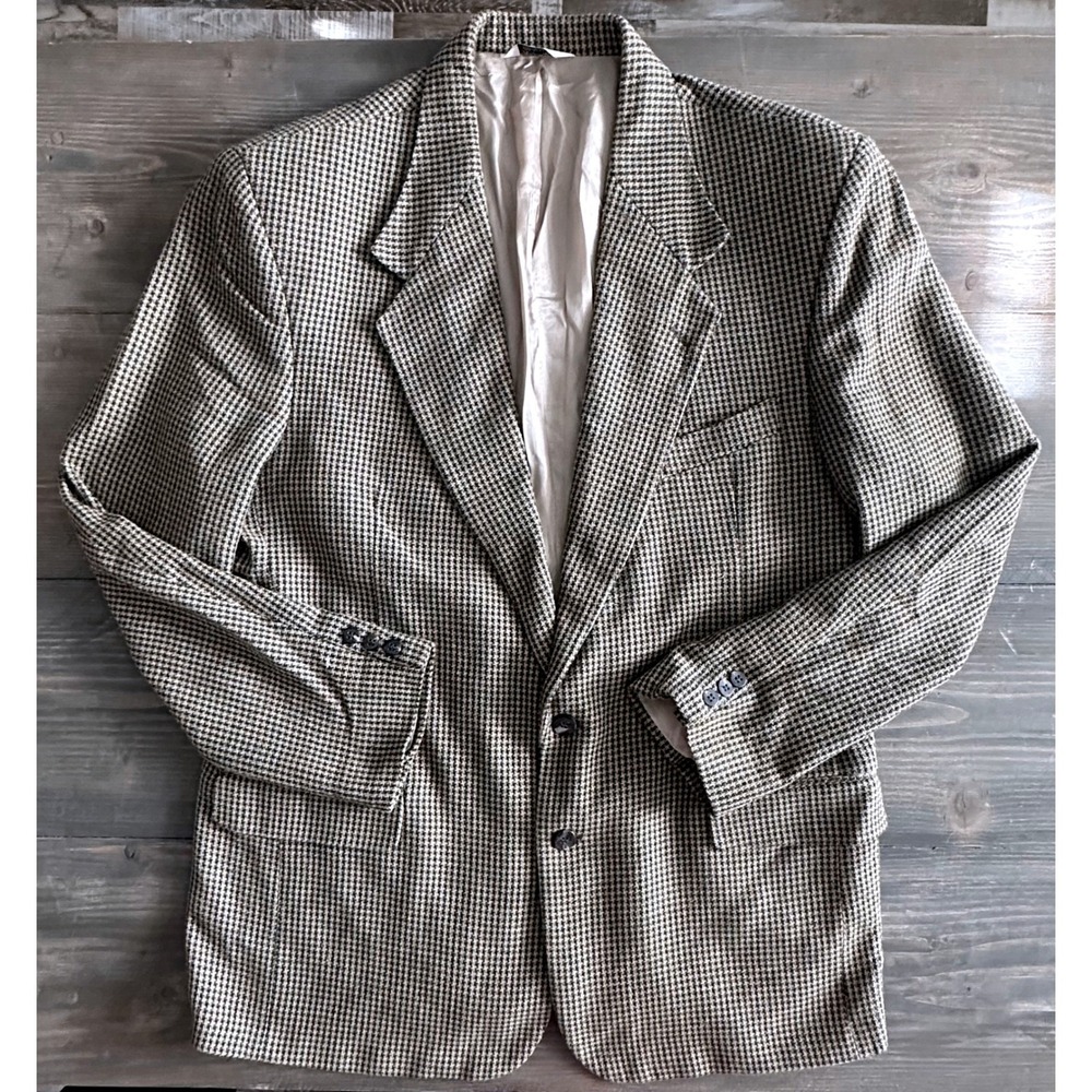 Vintage Cellini Uomo Green Tan Houndstooth Blazer Tailored Coat Men's Size 46L